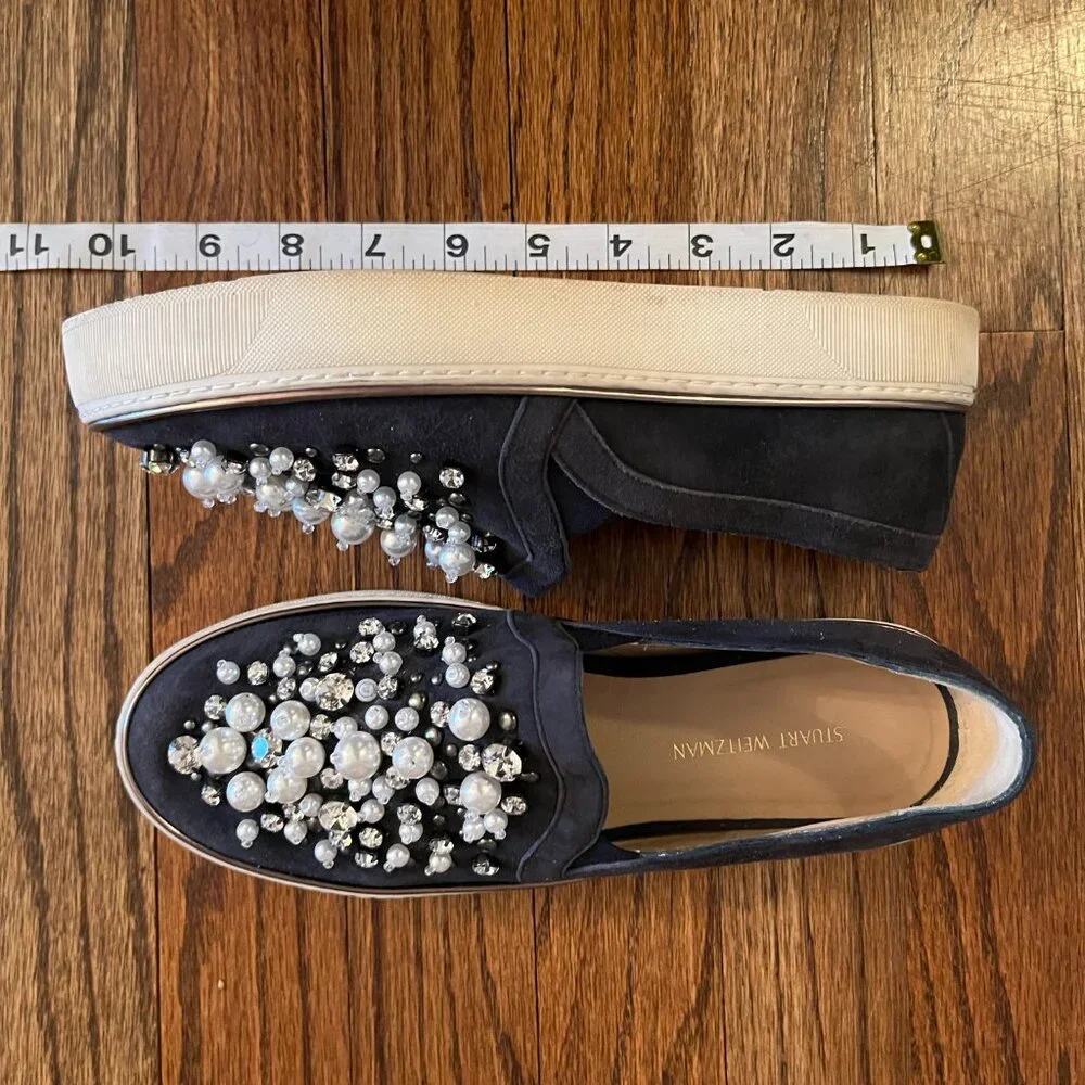 Stuart Weitzman Faux Pearl Crystal Studded Suede Sneakers Luxury Athleisure 5.5